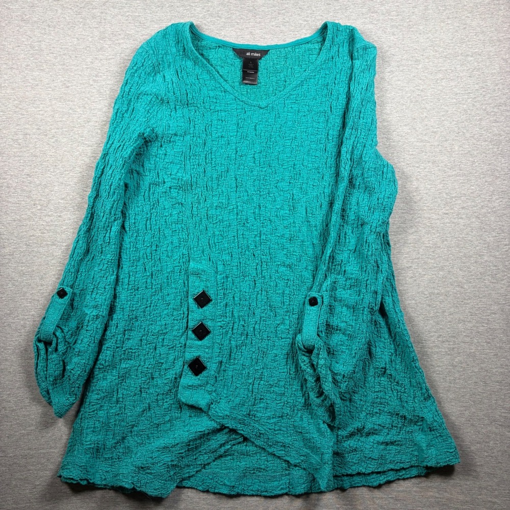 Ali Miles Tunic Top L Teal Textured Crinkle Button Detail V-Neck